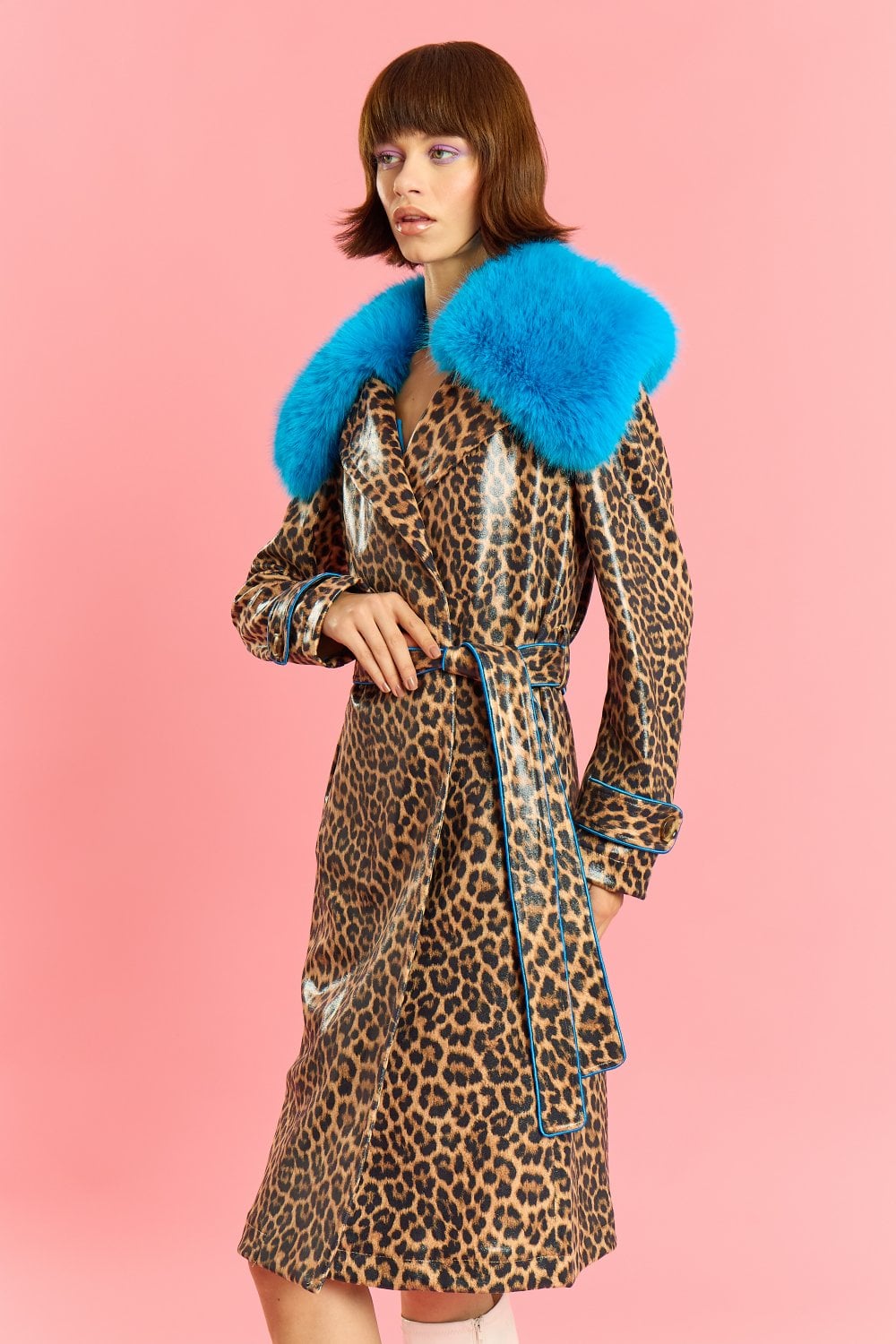 Blue Faux Suede Trench Coat with Faux Fur Collar